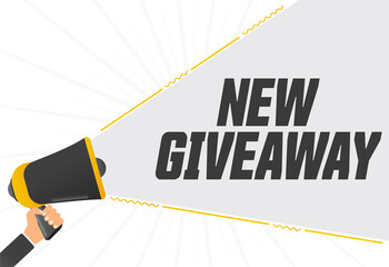 Poster - New giveaway. Megaphone in hand promotion banner. Promotional advertising, marketing speech or client support vector