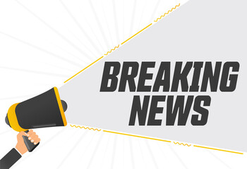 Poster - Breaking news. Megaphone in hand promotion banner. Promotional advertising, marketing speech or client support vector