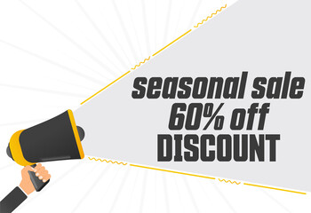 Aufkleber - Seasonal sale 60 percent off discount. Megaphone in hand promotion banner. Promotional advertising, marketing speech or client support vector