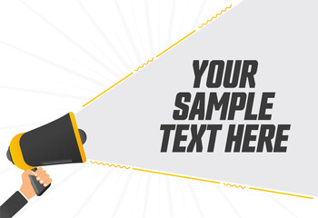 Poster - Your sample text here. Megaphone in hand promotion banner. Promotional advertising, marketing speech or client support vector