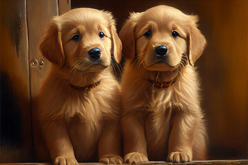 Wall Mural - Golden retriever puppies generative art