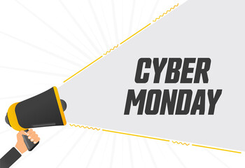 Poster - Cyber monday. Megaphone in hand promotion banner. Promotional advertising, marketing speech or client support vector
