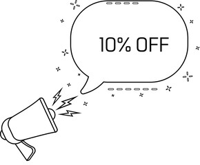 Aufkleber - 10 percent off. Megaphone and colorful yellow speech bubble with quote. Blog management, blogging and writing for website. Concept poster for social networks, advertising, banner