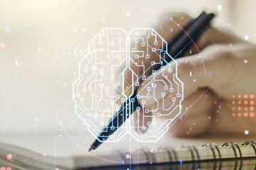Poster - Double exposure of creative human brain microcircuit with woman hand writing in notepad on background. Future technology and AI concept