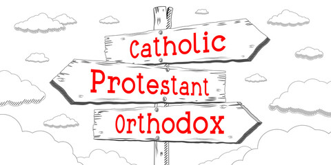 Sticker - Catholic, Protestant, Orthodox - outline signpost with three arrows