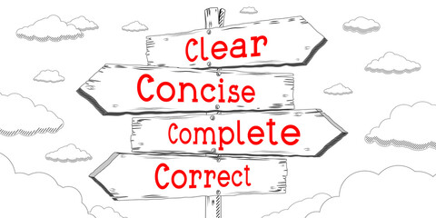 Wall Mural - Clear, concise, complete, correct - outline signpost with four arrows