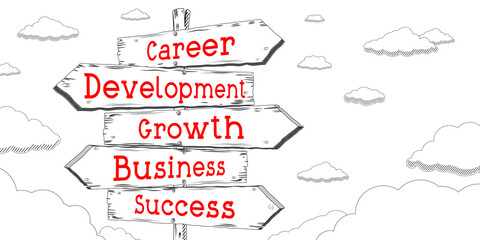 Sticker - Career, development, growth, business, success - outline signpost with five arrows