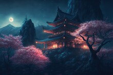 Beautiful Chinese Temple On A Mountain With Sakura Trees At Night, Bright Moon In The Sky, Generative Ai