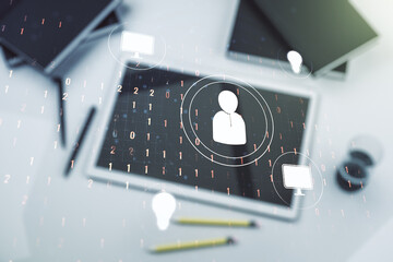 Poster - Social network media concept and modern digital tablet on desktop on background, top view. Double exposure