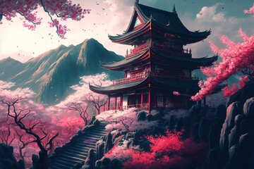 Wall Mural - Chinese Temple on a mountain cliff with pink cherry trees around it, generative ai