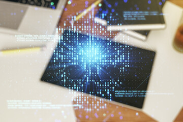 Poster - Creative code skull sketch and modern digital tablet on background, theft of personal data and malware concept. Multiexposure