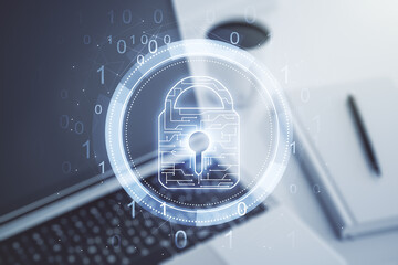 Aufkleber - Double exposure of creative lock hologram with chip on laptop background. Information security concept