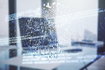 Poster - Creative code skull sketch on modern laptop background, theft of personal data and malware concept. Multiexposure