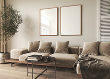 Mockup Frame In Interior Background, Room In Light Pastel Colors, Scandi-Boho Style, 3d Render. High Quality 3d Illustration