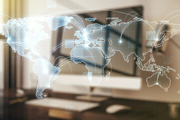 Poster - Abstract graphic digital world map with connections on modern computer background, globalization concept. Multiexposure