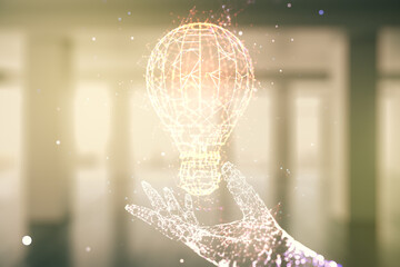 Poster - Virtual Idea concept with light bulb illustration on empty corporate office background. Multiexposure