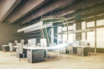 Poster - Virtual creative artificial Intelligence hologram with human brain sketch on a modern furnished office background. Multiexposure