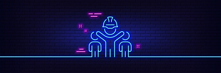 Poster - Neon light glow effect. Engineering team line icon. Engineer or architect group sign. Construction helmet symbol. 3d line neon glow icon. Brick wall banner. Engineering team outline. Vector