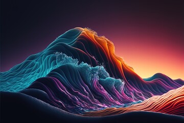 Poster -  a computer generated image of a mountain with a wave of water in the foreground and a pink sky in the background. Generative AI