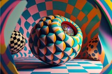  A Colorful Object With A Ball In The Center Of It And A Checkered Pattern On The Floor Behind It.
