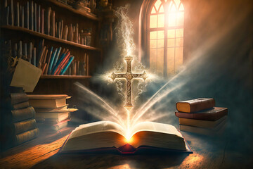 Wall Mural - A mystical Christian cross hanging above an open Bible, evoking the soothing lights of an ancient library and a divine miracle. Lights for prayer and meditation.