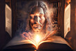 A mystical vision of Jesus Christ from the Bible on an old book. Recalls the beliefs, prayer, faith and miracles of the Messiah. A beautiful warm light expresses the divine power.
