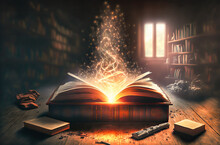 Aged Book Of Magic Open Emitting Magical Sparks And Smoke, Evoking An Ancient And Fantastical Library. Perfectly Suited For Magical Themes.