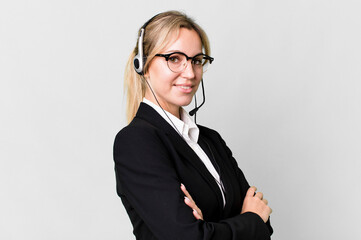 Wall Mural - pretty caucasian blonde businesswoman real state agent with headset