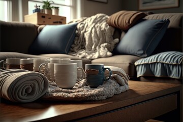 Wall Mural - messy Living room with coffee cups on the table Generative AI