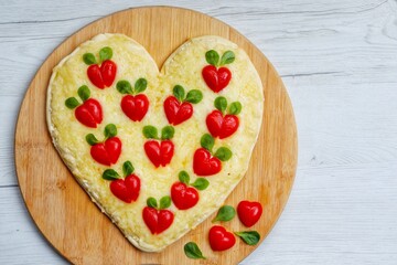 Wall Mural - Heart shaped pizza with heart shaped tomatoes on wooden cutting board with white wood background.Creative art food idea for celebrate Valentine or Mother day.Top view.Copy space