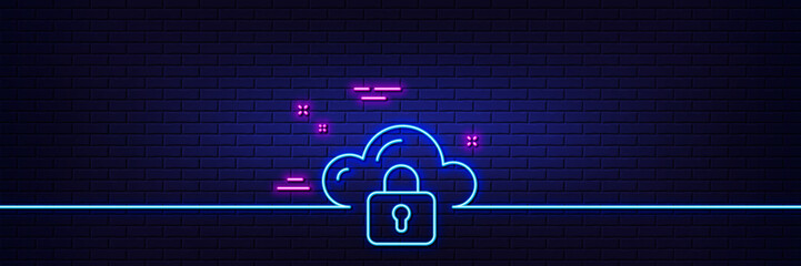 Poster - neon light glow effect. cloud computing protection line icon. internet data storage sign. file hosti