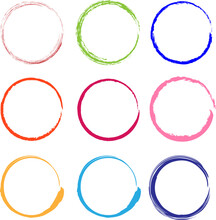Set Of 9 Colored Circles With Brush Design - Vector