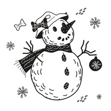 Funny Snowman In Black And White Hand Drawing With Christmas Ball, Flat Vector Illustration Isolated On Background. Design Element For Christmas And New Year Greeting Cards, Posters And Invitations.