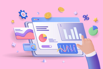 Poster - Financial report chart concept 3D illustration. Icon composition with dashboard with charts and graphs. Business analytics, accounting, budget calculating. Illustration for modern web design