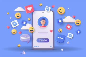 Aufkleber - Social media platform concept 3D illustration. Icon composition with user account at mobile phone screen, messages, comments, likes, hearts, emoji and other. Illustration for modern web design