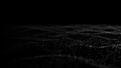 Aufkleber - Wave of digital particles on a black background. Abstract interlacing lines and points. Digital connection of elements. Simulation of the movement of small particles. 3D rendering.