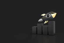 Golden And Black Rocket Startup With Growing Graph Chart On A Dark Background. A Rapid Development And Growing Up Of Financial And Business Concept. 3D Rendering Isolated With Clipping Path.