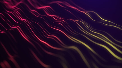Poster - Futuristic musical wave of red and yellow lines. Digital data flow. The concept of big data. Network connection. Cybernetics and technology. Abstract dark background. 3d rendering.