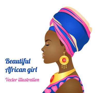 a beautiful african black-skinned girl in profile, in a bright suit, a turban and massive gold jewel