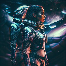 An Astronauts On An Alien Planet. A High-tech Astronauts From The Future. The Concept Of Space Travel. Generative AI Art