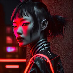 Wall Mural - Portrait of a sci-fi cyberpunk girl. High-tech futuristic woman from the future. The concept of virtual reality and cyberpunk. Generative AI Art.