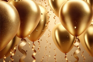 Gold foil party balloons on gold confetti background and shiny serpentine for New Year festive panel