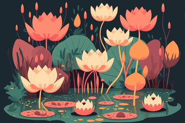 lotus lily water flower and leaf on lake or pond nature background wallpaper