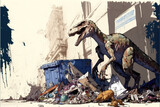 Fototapeta  - a raptor is looking for food in town, velociraptor searching in city, concept art, generative ai technology