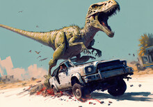 A Futuristic Mutant Raptor Is Destroying A Car, Dangerous Poster Artwork, Velociraptor, Generative Ai Technology