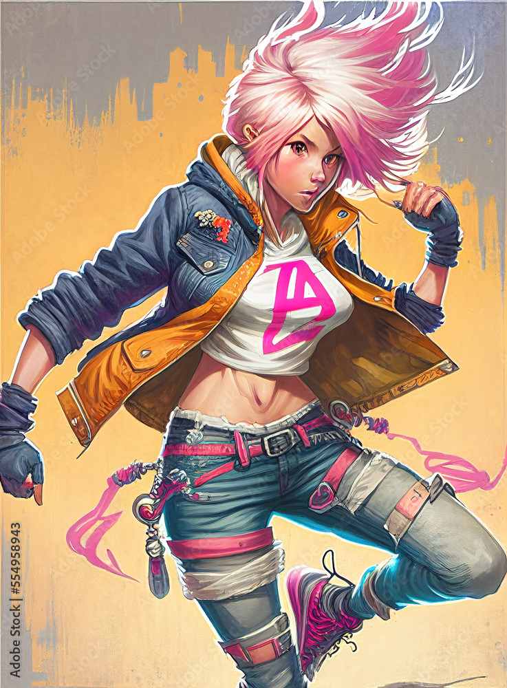a pink haired anime girl is performing breakdance, generative ai technology