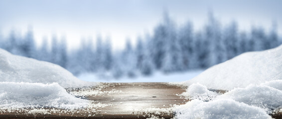 Wall Mural - desk of free space and winter landscape.