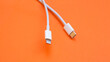 © Ken - USB type C port cable for charging to the smartphone on orange background. EU law to force USB-C chargers.