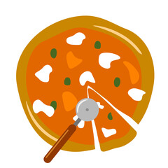 illustrazione con pizza Margherita e olive con fetta e rotella da taglio su sfondo trasparente