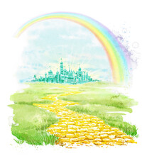 Watercolor Fairytale Fabulous Emerald City, Rainbow And Yellow Golden Brick Road Isolated On White Background. Hand Drawn Illustration Sketch